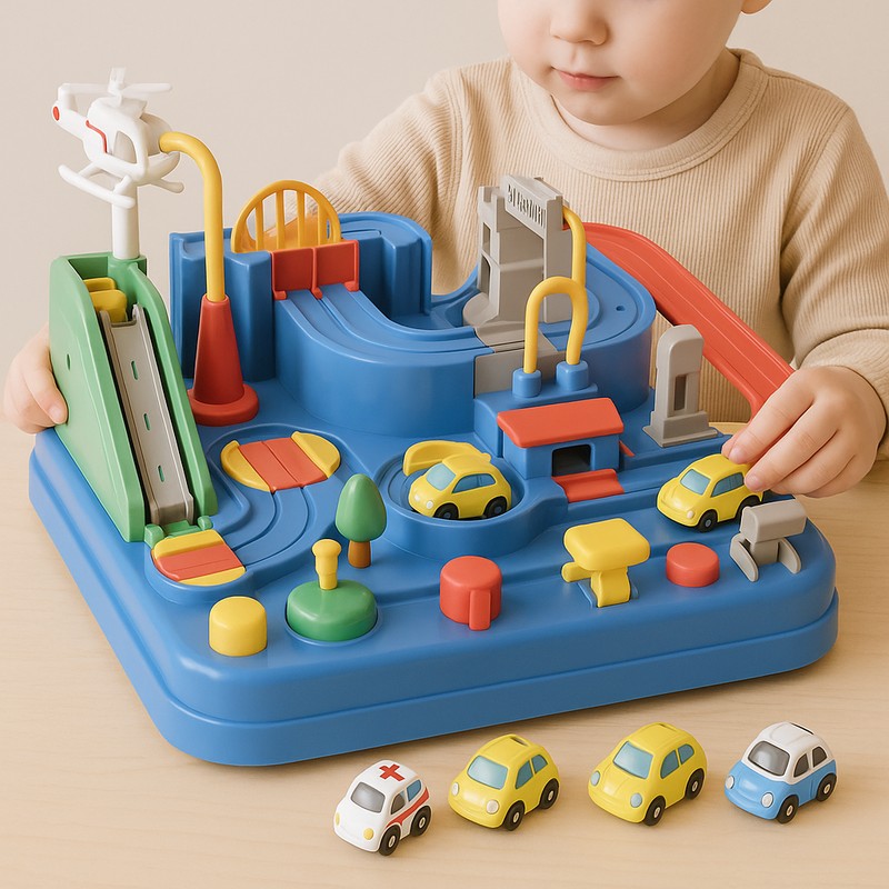 Toy Vehicle Playset with Crane and Mini Cars - Track Base with Ramps and Slides