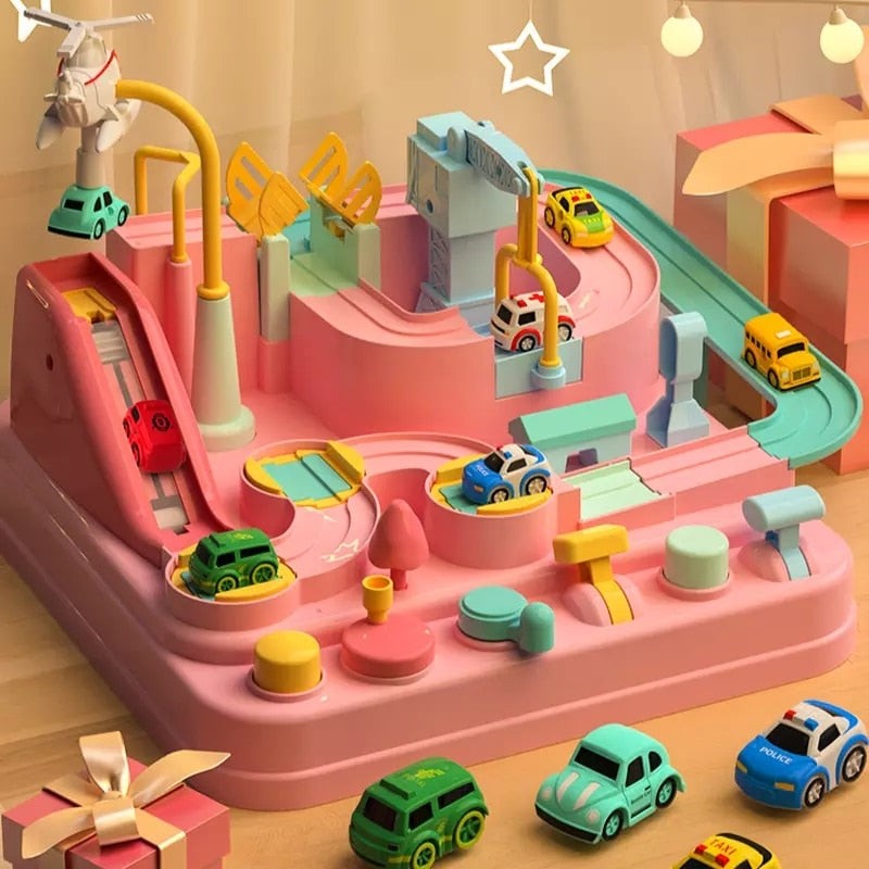 Toy Vehicle Playset with Crane and Mini Cars - Track Base with Ramps and Slides
