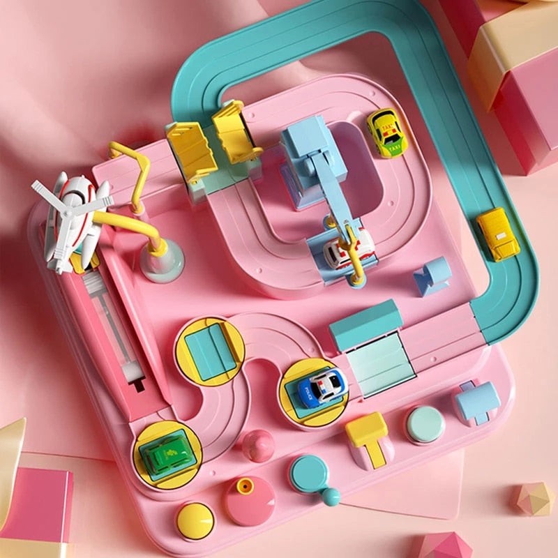 Toy Vehicle Playset with Crane and Mini Cars - Track Base with Ramps and Slides