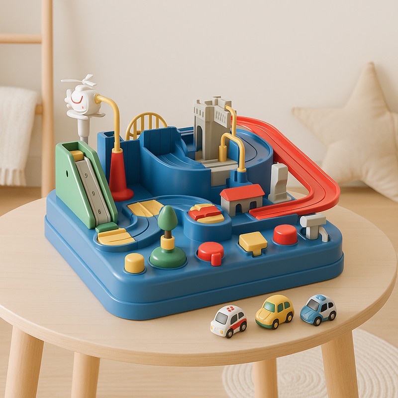 Toy Vehicle Playset with Crane and Mini Cars - Track Base with Ramps and Slides