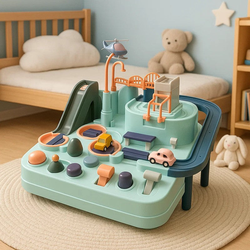 Toy Vehicle Playset with Crane and Mini Cars - Track Base with Ramps and Slides