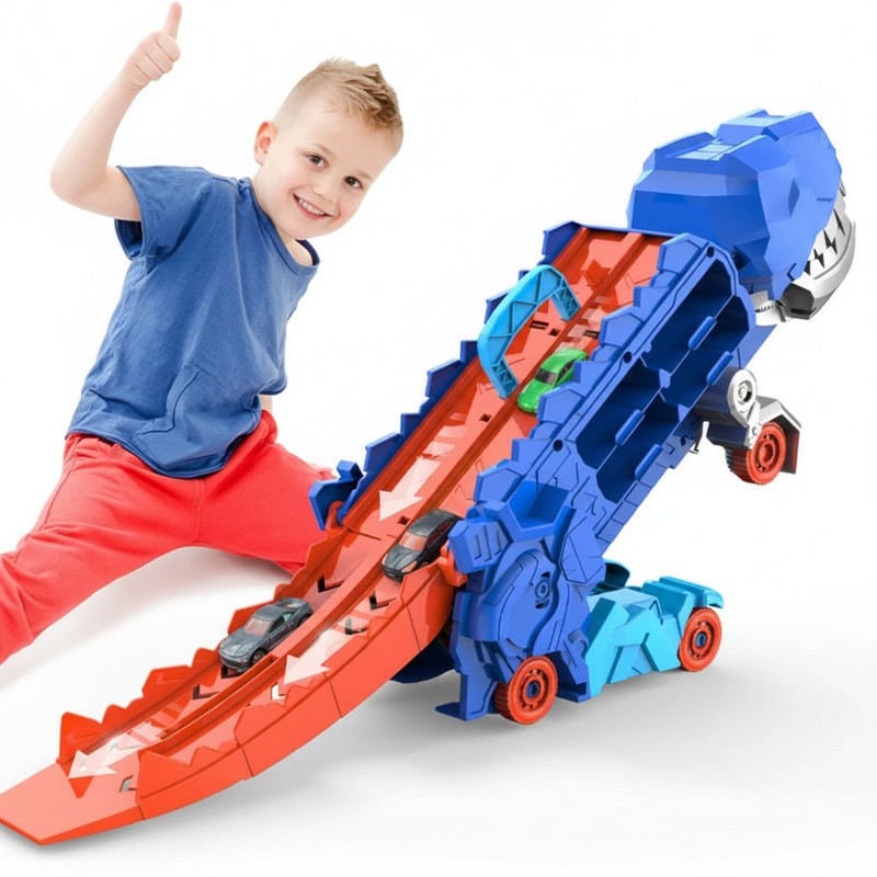 Transformable Dinosaur Car Transporter Toy with Track and Toy Cars