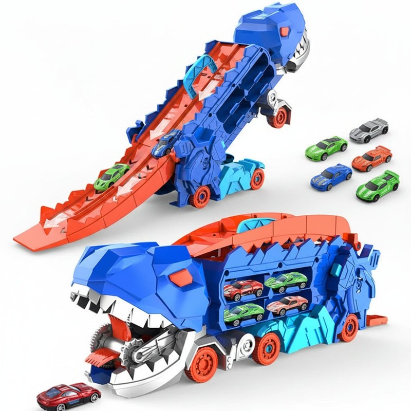 Transformable Dinosaur Car Transporter Toy with Track and Toy Cars