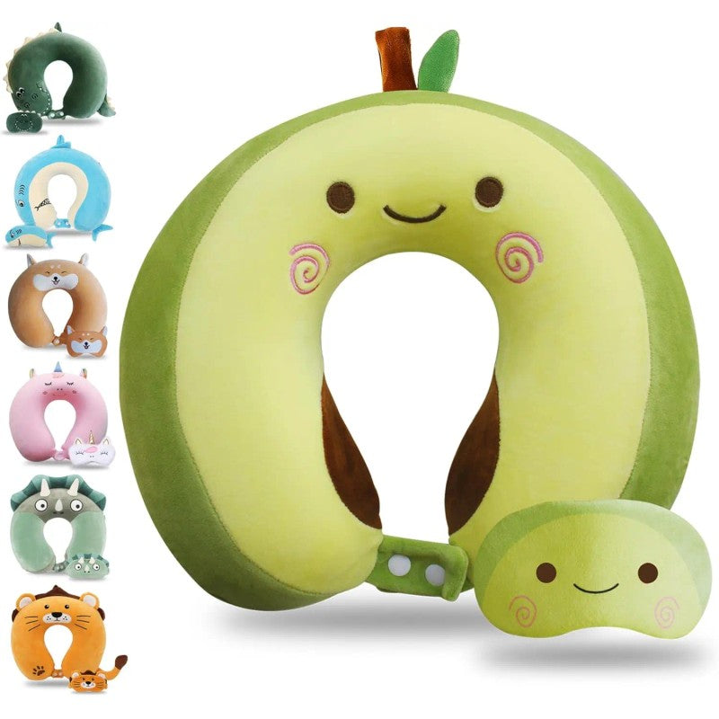 Travel Neck Pillow with Sleep Eye Mask - Green Avocado