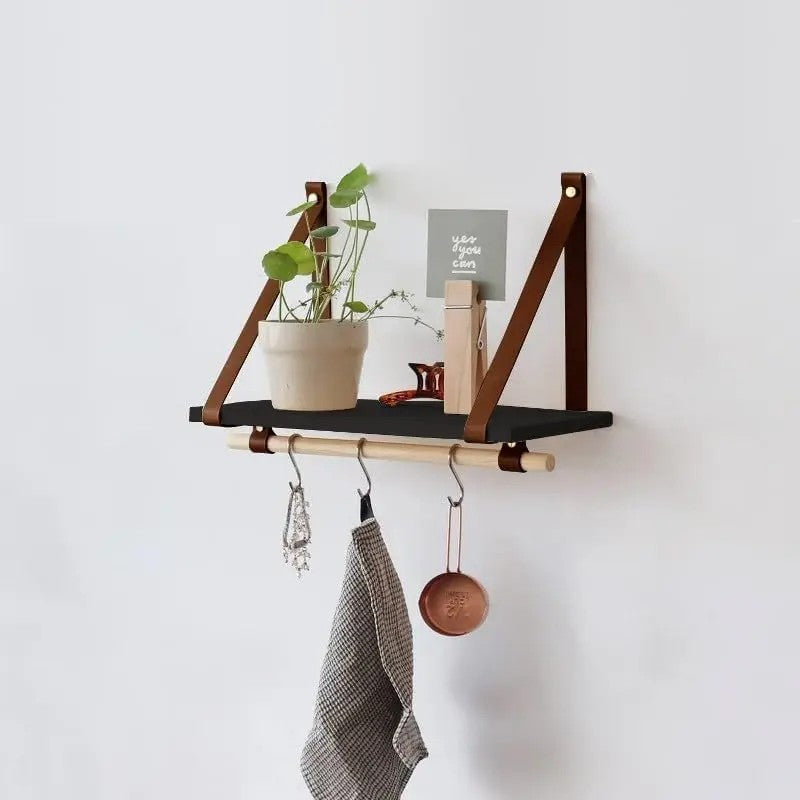 Wall-Mounted Floating Shelf with Straps and Hanging Rod