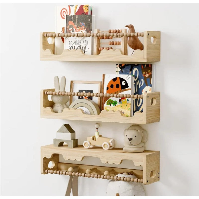 Wall Mounted Floating Shelves Set - Decorative Wooden Bead Rail