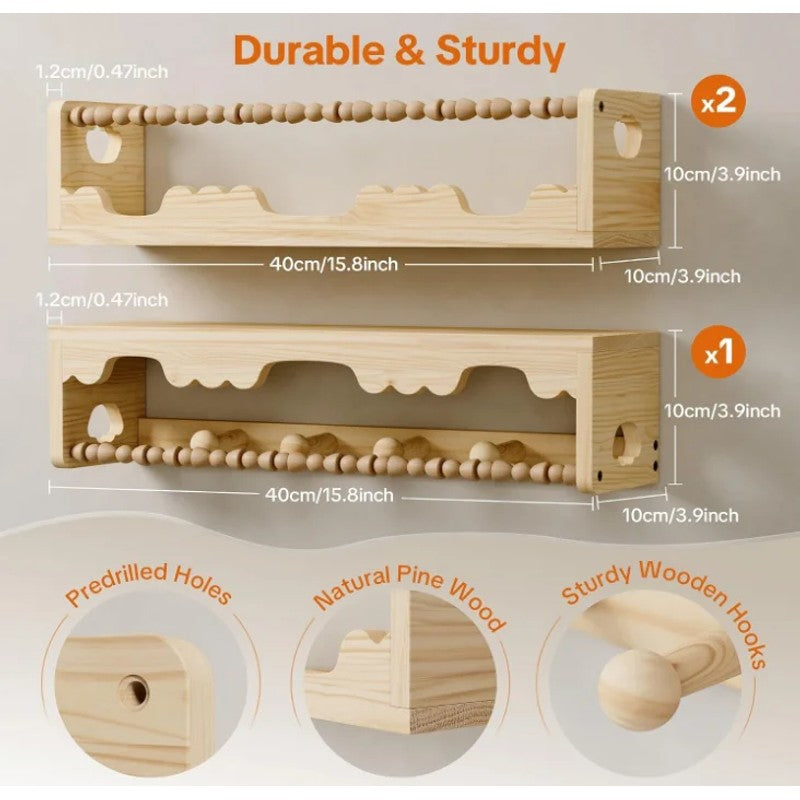 Wall Mounted Floating Shelves Set - Decorative Wooden Bead Rail
