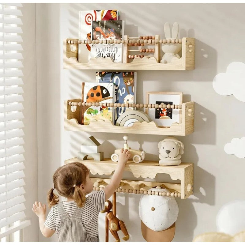 Wall Mounted Floating Shelves Set - Decorative Wooden Bead Rail