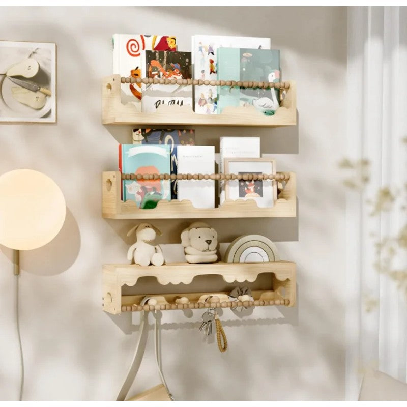Wall Mounted Floating Shelves Set - Decorative Wooden Bead Rail
