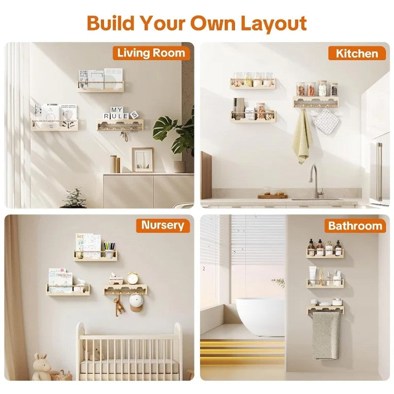 Wall Mounted Floating Shelves Set - Decorative Wooden Bead Rail