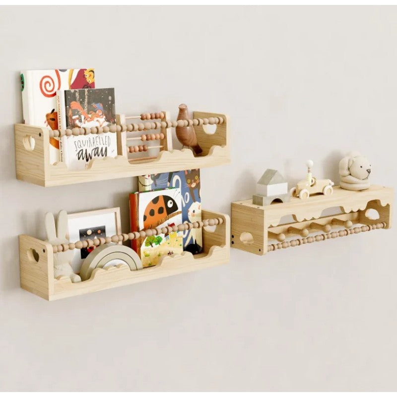 Wall Mounted Floating Shelves Set - Decorative Wooden Bead Rail