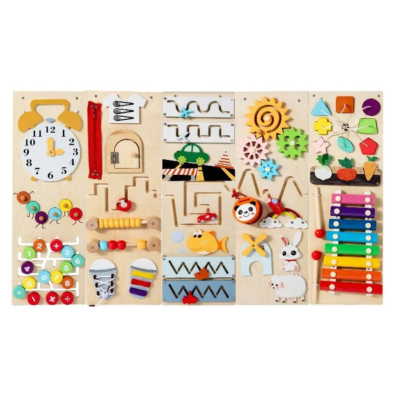 Wooden Activity Board - Multi-Panel Sensory Wall Toy