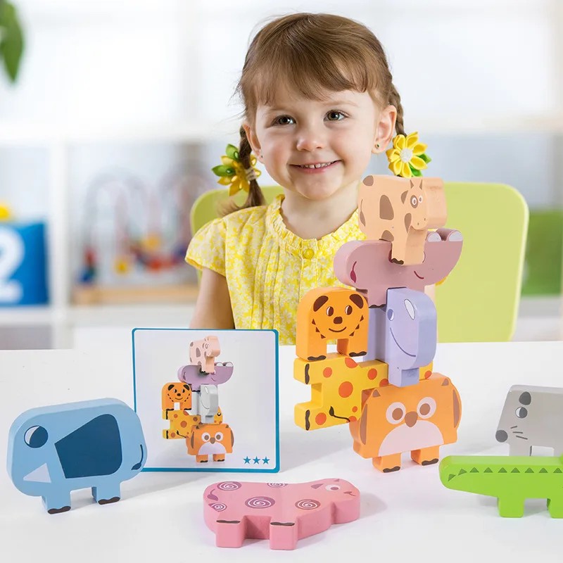 Wooden Animal Stacking Blocks - Balancing Blocks with Picture Cards