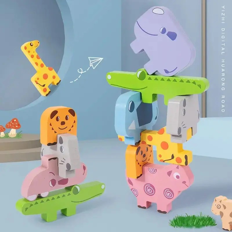 Wooden Animal Stacking Blocks - Balancing Blocks with Picture Cards