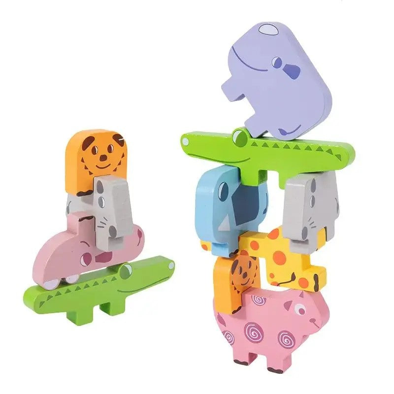 Wooden Animal Stacking Blocks - Balancing Blocks with Picture Cards