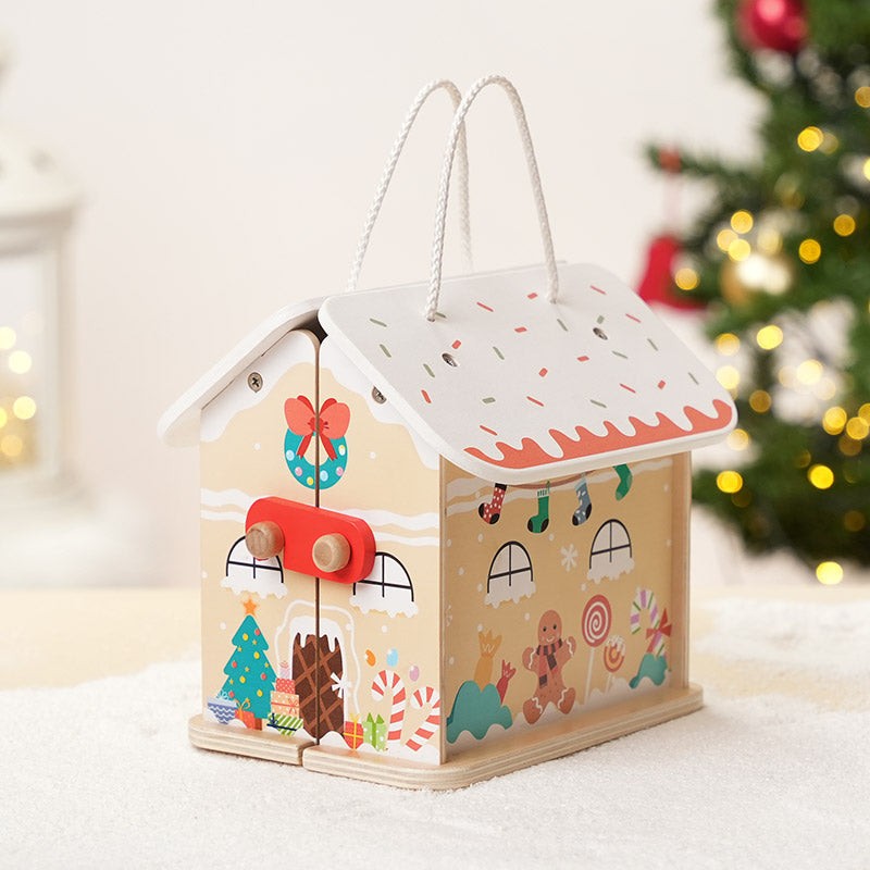 Wooden Christmas-Themed Foldable Dollhouse with Figurines