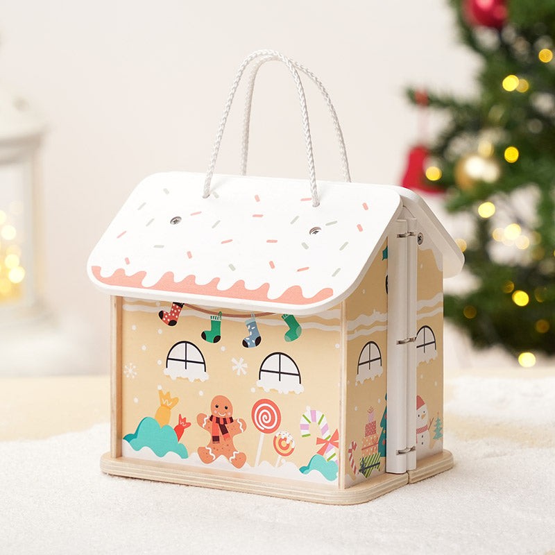 Wooden Christmas-Themed Foldable Dollhouse with Figurines