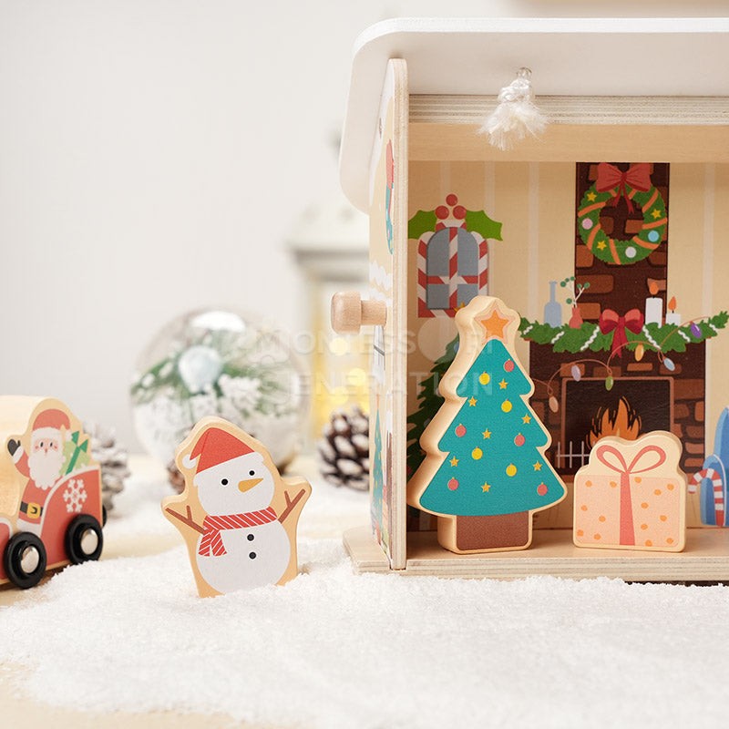 Wooden Christmas-Themed Foldable Dollhouse with Figurines