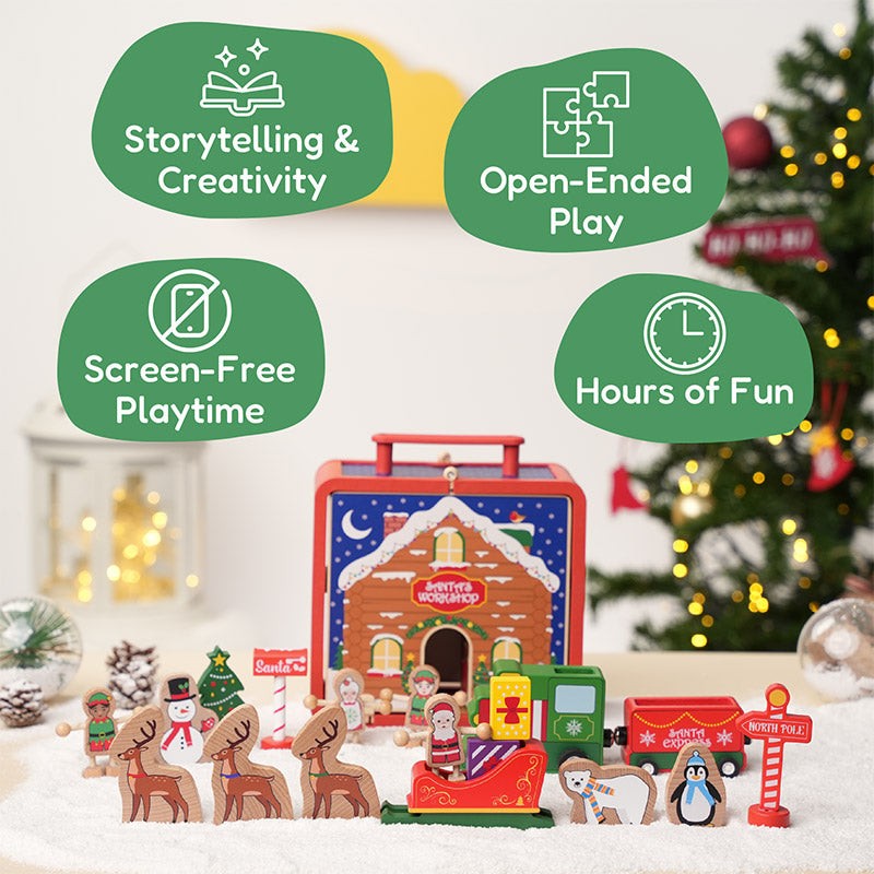 Wooden Christmas-Themed Foldable Dollhouse with Figurines