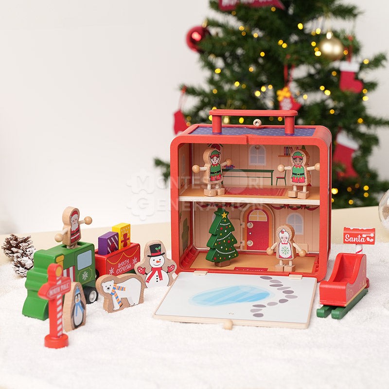 Wooden Christmas-Themed Foldable Dollhouse with Figurines