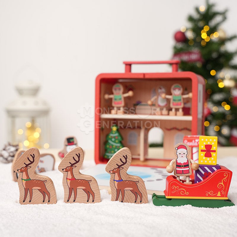 Wooden Christmas-Themed Foldable Dollhouse with Figurines