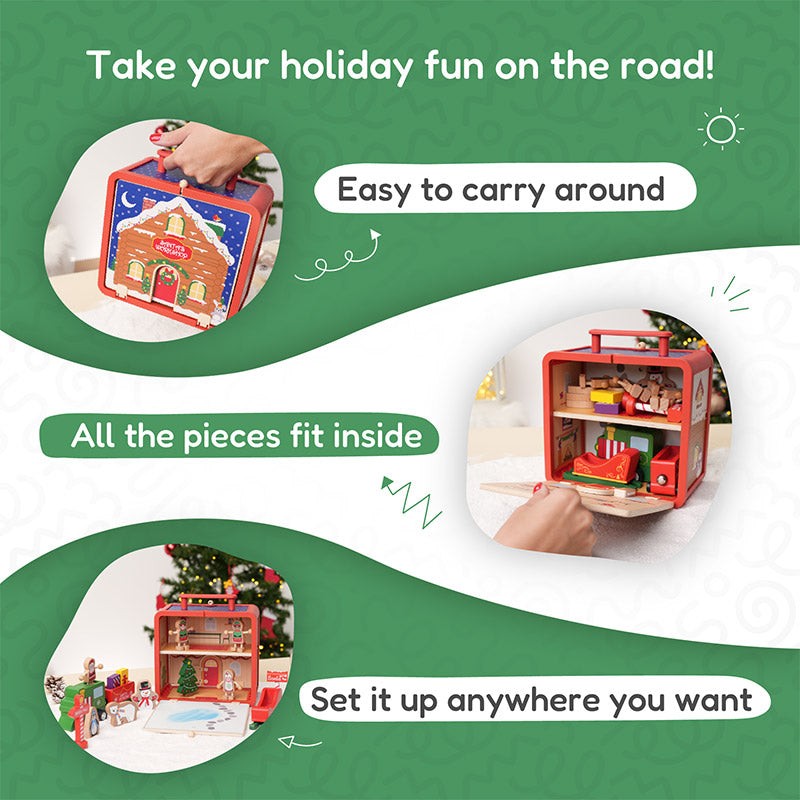 Wooden Christmas-Themed Foldable Dollhouse with Figurines