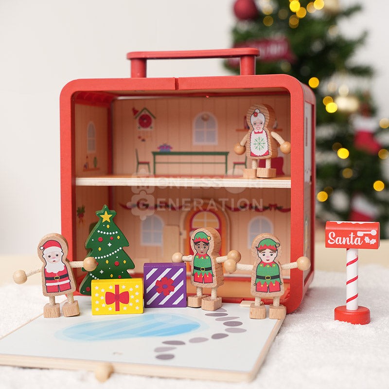 Wooden Christmas-Themed Foldable Dollhouse with Figurines
