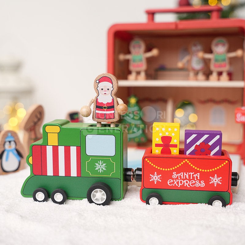 Wooden Christmas-Themed Foldable Dollhouse with Figurines