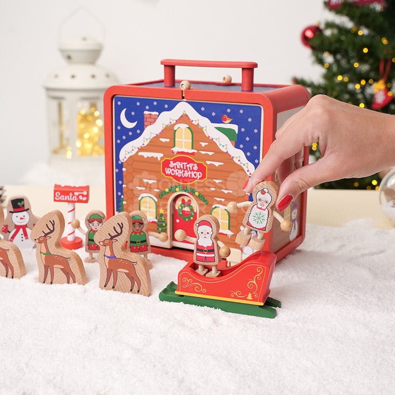 Wooden Christmas-Themed Foldable Dollhouse with Figurines