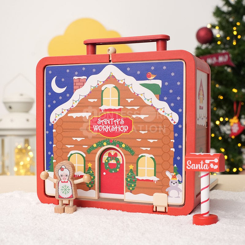 Wooden Christmas-Themed Foldable Dollhouse with Figurines