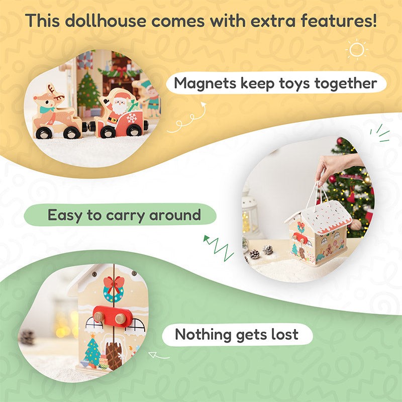 Wooden Christmas-Themed Foldable Dollhouse with Figurines