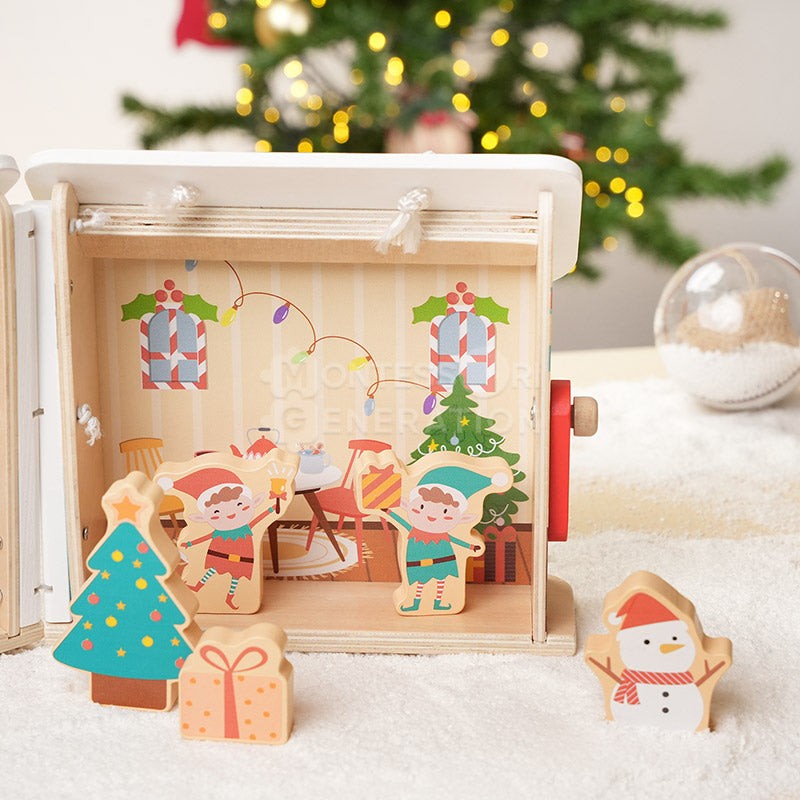 Wooden Christmas-Themed Foldable Dollhouse with Figurines