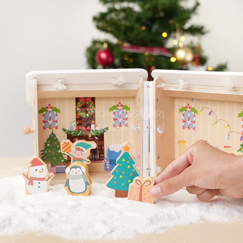 Wooden Christmas-Themed Foldable Dollhouse with Figurines