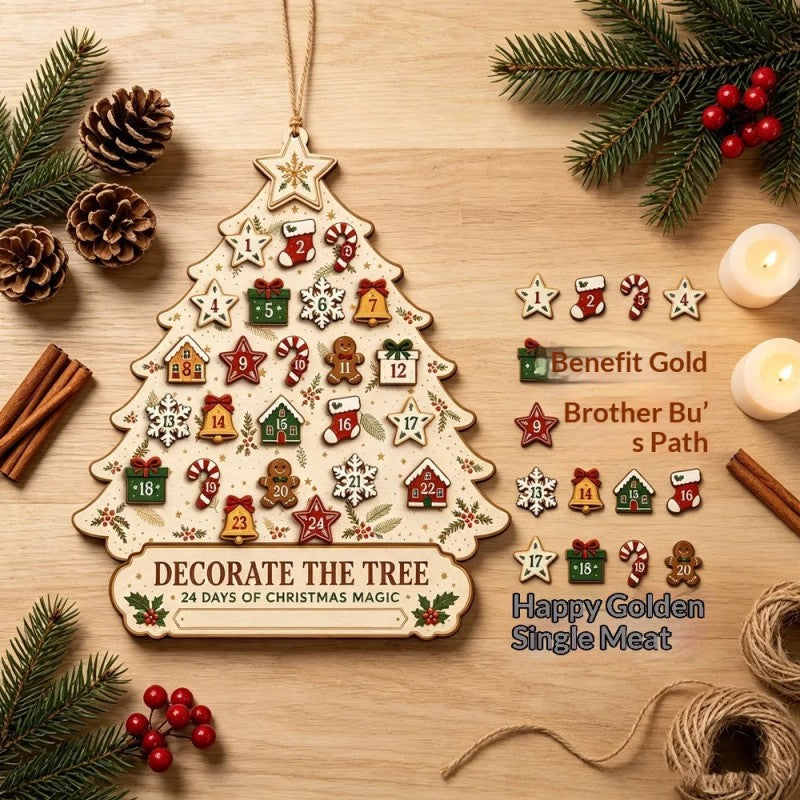 Wooden Christmas Tree Advent Calendar - Wall Decoration with Ornament Pieces