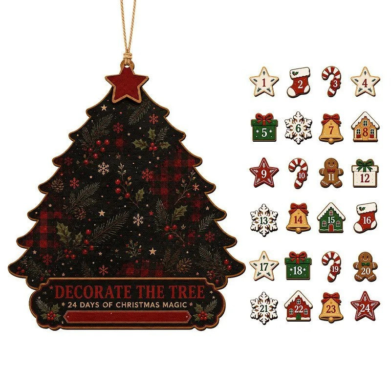 Wooden Christmas Tree Advent Calendar - Wall Decoration with Ornament Pieces