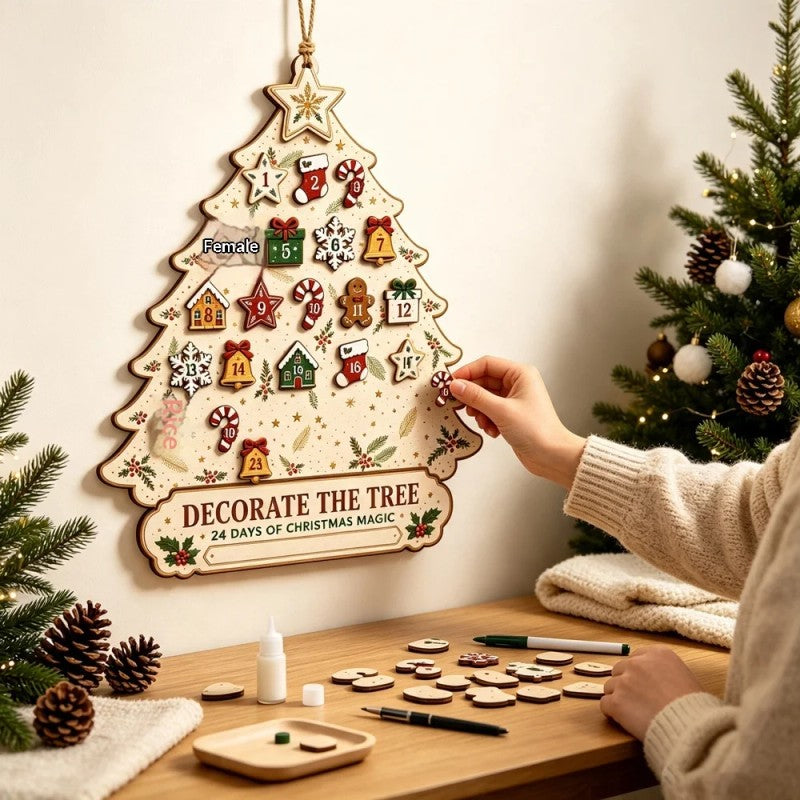 Wooden Christmas Tree Advent Calendar - Wall Decoration with Ornament Pieces