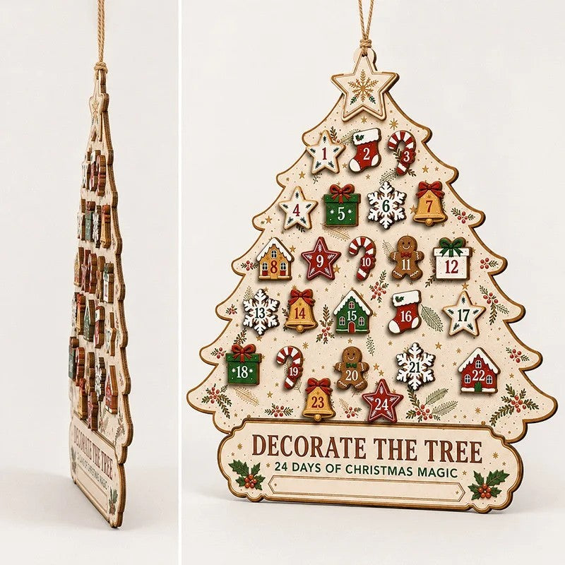 Wooden Christmas Tree Advent Calendar - Wall Decoration with Ornament Pieces