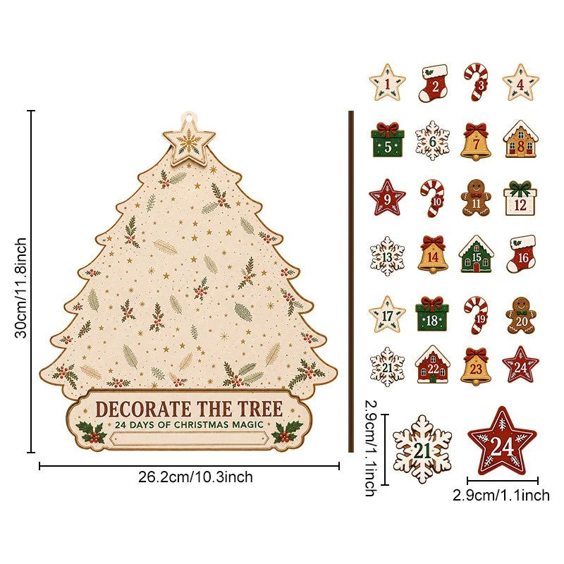 Wooden Christmas Tree Advent Calendar - Wall Decoration with Ornament Pieces