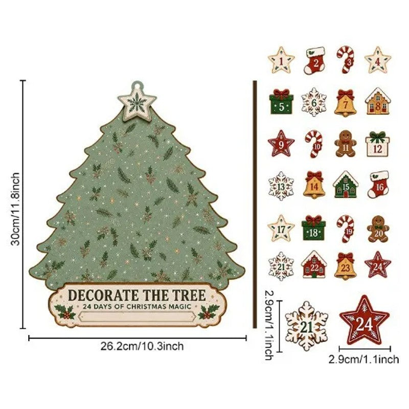 Wooden Christmas Tree Advent Calendar - Wall Decoration with Ornament Pieces
