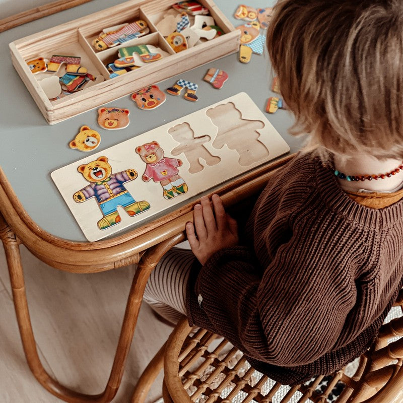 Wooden Dress-Up Puzzle Toy - Bear Family with Storage Box