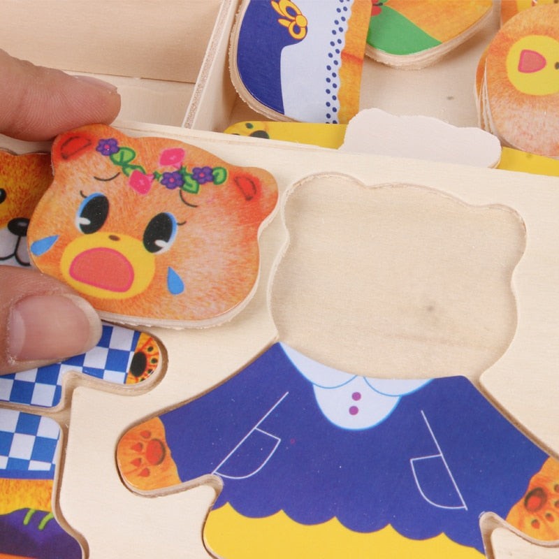 Wooden Dress-Up Puzzle Toy - Bear Family with Storage Box