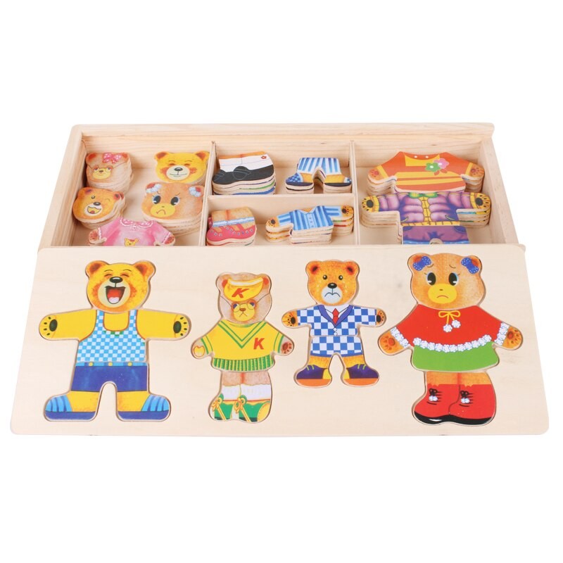 Wooden Dress-Up Puzzle Toy - Bear Family with Storage Box