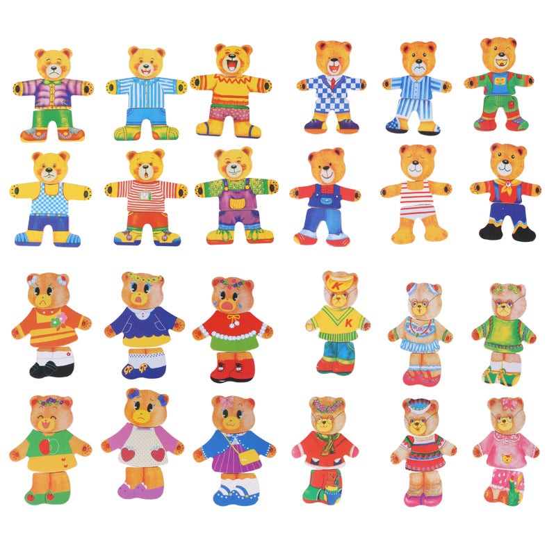 Wooden Dress-Up Puzzle Toy - Bear Family with Storage Box