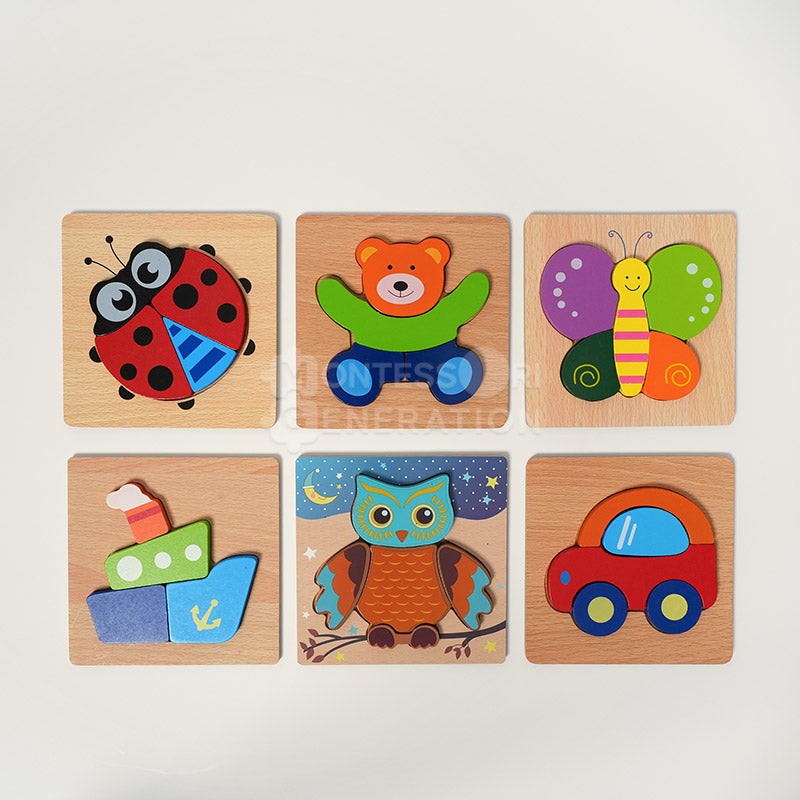 Wooden Montessori Puzzle Set - 6 Themed Jigsaw Puzzles for Toddlers