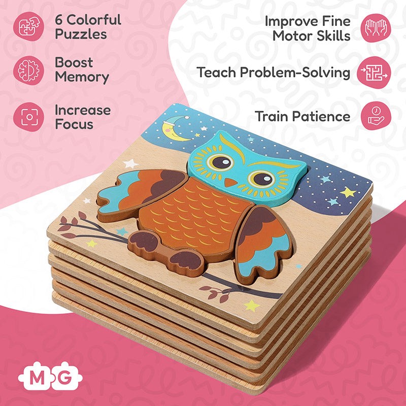 Wooden Montessori Puzzle Set - 6 Themed Jigsaw Puzzles for Toddlers