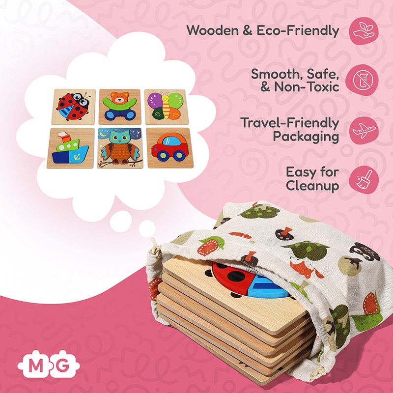 Wooden Montessori Puzzle Set - 6 Themed Jigsaw Puzzles for Toddlers