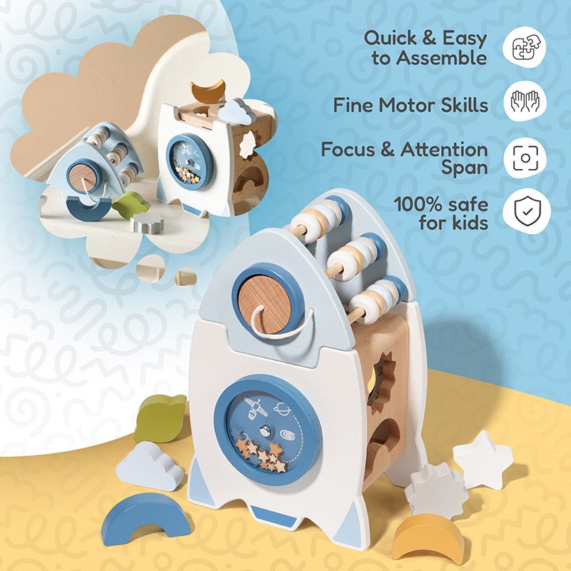 Wooden Montessori Rocket Toy - Shape Sorter with Abacus and Spinning Wheels