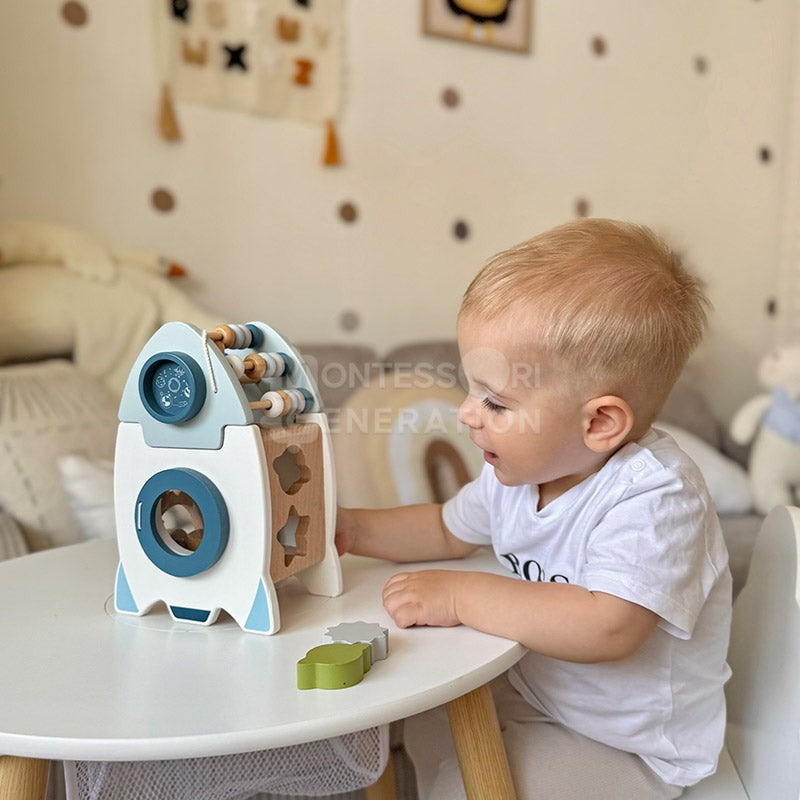 Wooden Montessori Rocket Toy - Shape Sorter with Abacus and Spinning Wheels