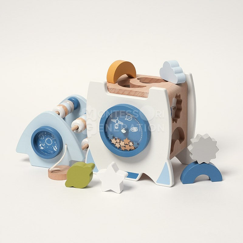Wooden Montessori Rocket Toy - Shape Sorter with Abacus and Spinning Wheels