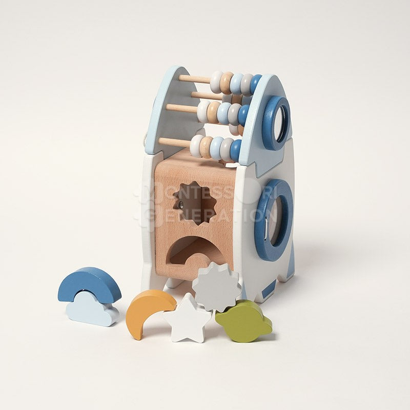 Wooden Montessori Rocket Toy - Shape Sorter with Abacus and Spinning Wheels